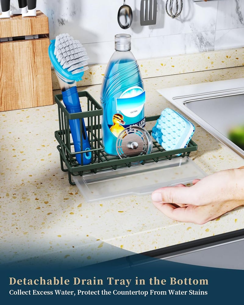Consumest Sponge Holder for Kitchen Sink - Kitchen Sink Caddy Organizer with Removable Drip Tray for Countertop Dish Soap Dispenser Brush Storage Accessories 304 Stainless Steel, Green - Image 4
